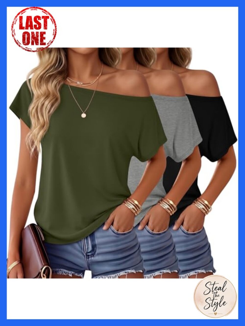 3 Pack Off The Shoulder Boat Neck Short Sleeve Tops Cotton Blend Women